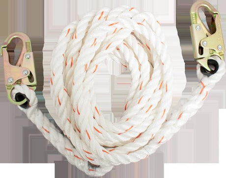 The French Creek Polyblend Synthetic Rope Lifeline 410, from French Creek Production, is a coiled white climbing rope accented with orange specks and made from durable polyblend synthetic material. It includes two metal carabiners at each end to ensure fall protection.