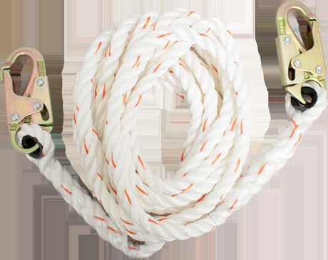 The French Creek Production 410 Polyblend Synthetic Rope Lifeline is designed with coiled construction and orange accents, featuring metal hooks on both ends. Each hook includes a locking mechanism for secure attachment, making it ideal for safety or climbing applications such as a rope lifeline in fall protection scenarios.