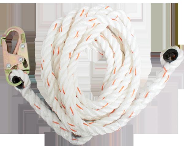 The French Creek Polyblend Synthetic Rope Lifeline 411, crafted by French Creek Production, is a white rope with orange accents designed for vertical lifeline applications. It includes a metal hook on one end and a black loop on the other, making it an ideal fall protection tool organized and ready for climbing or securing tasks.