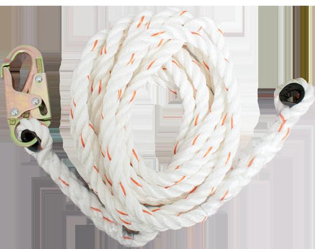 The French Creek Production Polyblend Synthetic Rope Lifeline 411 is a coiled white rope featuring orange accents and a metal clasp on one end, designed as an essential component for vertical lifeline systems to ensure fall protection.