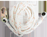 The French Creek Polyblend Synthetic Rope Lifeline 411 by French Creek Production is a white rope with orange flecks, specifically designed as a dependable rope lifeline. It comes equipped with a metal hook on one end and a loop on the other, providing secure fall protection in vertical lifeline systems.