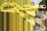 The French Creek Production 6' Dual Leg Elastic Tubular Shock Absorbing Lanyard is designed with a yellow color and features shock-absorbing elastic sections. It comes equipped with two large metal hooks on each end and includes a safety information label to provide reliable fall protection in construction and industrial settings.