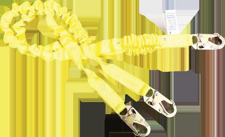 The French Creek Production 6' Dual Leg Elastic Tubular Shock Absorbing Lanyard features yellow elastic webbing with large silver clips on each end. It is coiled and designed for use in fall protection or safety harness systems, with a white tag attached to one of the twin leg lanyards.