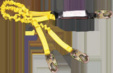 The French Creek Production 6' Dual Leg Elastic Pack-Style Shock Absorbing Lanyard features two yellow elastic arms with metal hooks and a black shock absorber, designed for fall protection in safety harness systems and showcased against a plain background.