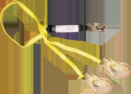 The French Creek Production 6' Dual Leg Web Pack-Style Shock Absorbing Lanyard in yellow is designed for fall protection, featuring an energy absorber and twin leg lanyards with two large metal hooks on one end and a single metal clasp on the other.