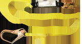 The French Creek Production 6' Web Pack-Style Shock Absorbing Lanyard, featuring a yellow design with two metal hooks and a black shock absorber in the center, is crafted to securely attach an individual to a stable structure for fall protection. This OSHA-compliant product guarantees enhanced safety for those working at heights.