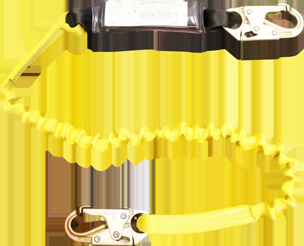 The French Creek Production 6' Elastic Pack Style Shock Absorbing Lanyard is a yellow safety lanyard with two metal carabiner hooks at each end and includes an adjustable elastic segment for fall protection. This single leg lanyard also features a clear protective cover with a label inside.