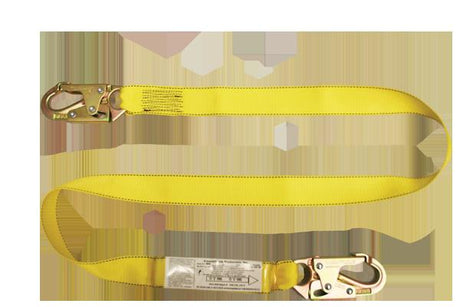 The French Creek Production 6' Shock Absorbing Web Lanyard in yellow features steel snap hooks on both ends, with one side having a swivel snap hook and the other a standard hook. It includes attached labels with safety information for maximum security.