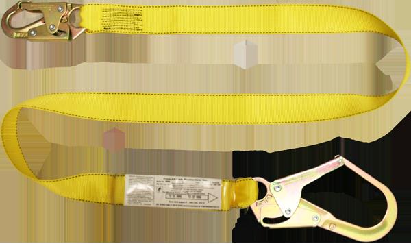 The French Creek 6' Shock Absorbing Web Lanyard by French Creek Production is a yellow lanyard featuring metallic steel snap hooks on both ends for personal fall protection, with an information label attached near one of the hooks.