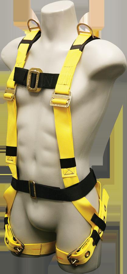 The French Creek 500 Series Harness with Shoulder D-Rings 550D by French Creek Production is expertly showcased on a torso mannequin. This yellow safety harness, featuring black straps and metal buckles, is meticulously designed for superior fall protection in construction and industrial environments. Made with pride in the USA, it guarantees safety and reliability.