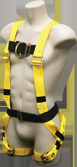 The mannequin showcases a French Creek 500 Series Harness with Chest D-Ring 550H, featuring a yellow design with black straps and metal buckles. Compliant with ANSI Z359.1 standards, this harness delivers essential protection for construction or climbing environments, set against a plain backdrop.