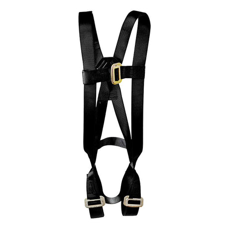 Against a plain white background, the French Creek 601 Series Welding Harness, Pass-Thru 631-HOT by French Creek Production is showcased with its black design featuring adjustable straps and metallic buckles. Crafted from flame-resistant Kevlar, it complies with ANSI Z359.1 standards for personal protection in construction or industrial environments.