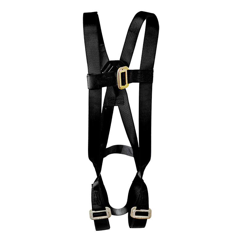 The French Creek Production 601 Series Welding Harness, Pass-Thru 631-HOT, is a black harness crafted from flame-resistant Kevlar. It features adjustable straps and metal buckles, designed for protective use in construction or other high-risk work environments, and meets the ANSI Z359.1 safety standards for ultimate reliability.