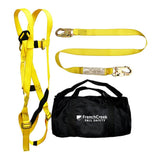 The French Creek 601 Series Full Body Harness/Lanyard Kit 631-KIT features yellow straps, a shock absorbing lanyard with two hooks, and includes a carrying bag labeled "French Creek Fall Safety." Designed by French Creek Production, this full body harness meets OSHA requirements to ensure maximum protection and comfort.