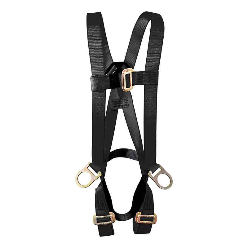 Introducing the French Creek 601 Series Welding Harness with Hip D-Rings 631B by French Creek Production. This black safety harness features adjustable straps and metal buckles, ensuring secure fastening. Crafted with flame-resistant Kevlar webbing, it provides optimal protection in high-heat environments, making it an ideal choice for welding applications.