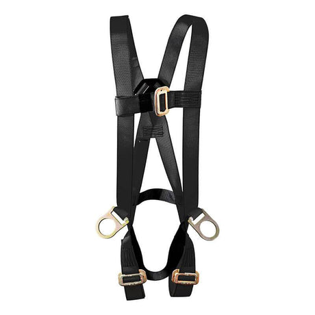 The French Creek Production 601 Series Welding Harness with Hip D-Rings 631B is a black harness featuring adjustable straps and metallic buckles for a secure fit. It is crafted with Kevlar webbing for enhanced durability and includes two attachment points for safety lanyards, making it ideal for welding applications.