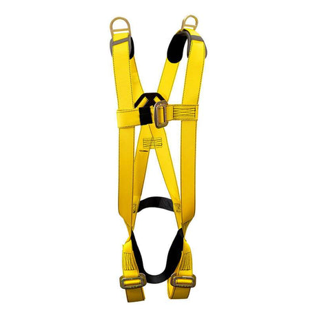 The French Creek 601 Series Harness by French Creek Production is a yellow full body safety device with black padding and adjustable straps, featuring sturdy pass-thru metal buckles and shoulder D-rings for secure fastening—essential for construction safety.