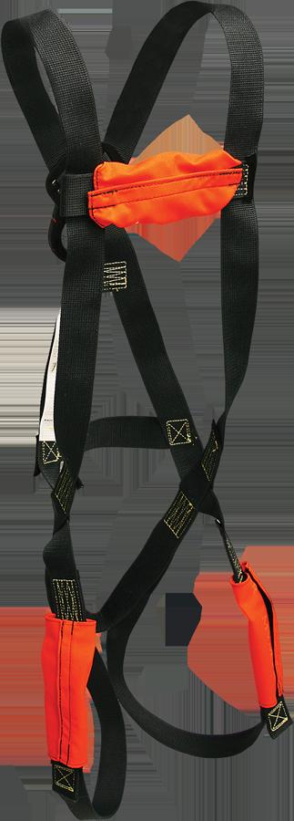 The French Creek ARC Flash Harness, featuring a sleek design in orange and black with multiple adjustable straps and FR buckle covers, ensures safety and comfort during climbing activities. This robust Kevlar harness from French Creek Production provides an additional layer of fall protection, offering peace of mind with every ascent.