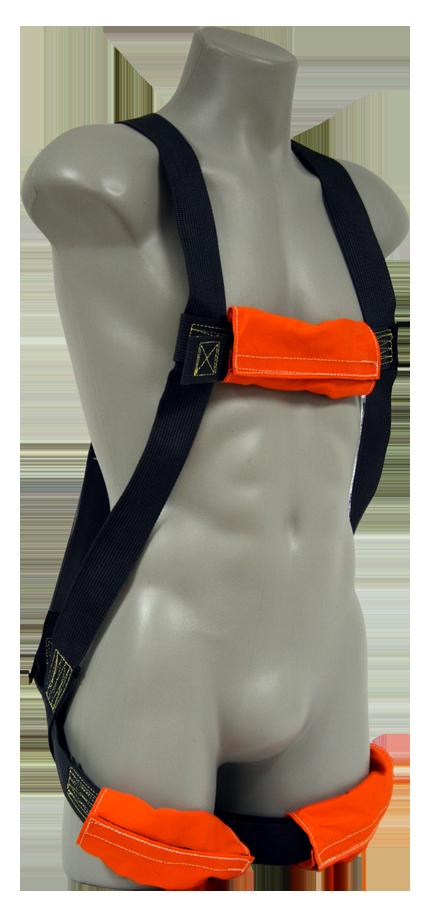 A gray mannequin is displaying the French Creek ARC Flash Harness by French Creek Production, featuring a black Kevlar design with bright orange padding on the chest and leg straps for optimal fall protection, set against a plain background.