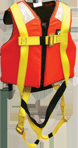 The French Creek Production 601 Series Life Jacket 3 Pt Harness 631LJ is a vibrant orange Type 3 PFD safety vest featuring a black zipper, yellow adjustable straps with buckles, and reflective patches. This vest is crafted for enhanced visibility and safety, making it perfect for water activities.