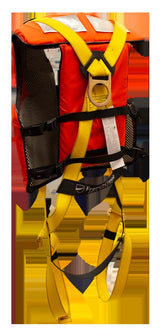 Introducing the French Creek Production 601 Series Life Jacket 3 Pt Harness 631LJ in vibrant red and yellow, complete with black buckles and adjustable straps. This Type 3 PFD design features a mesh panel on the back and a central metal ring to enhance safety.