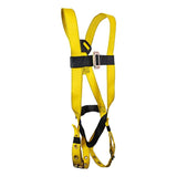 The French Creek Production 601 Series Harness, Tongue Leg Buckles 651, is a yellow full body harness featuring black adjustable straps and a dorsal D-ring, designed for personal protection during activities requiring secure anchoring.