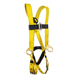 The French Creek Production's 601 Series Harness w/Hip D-Rings, Tongue 651B is a comprehensive full body safety solution featuring adjustable black straps, metal D-rings, and buckles designed for fall protection. With its vibrant yellow color against a plain white background, it is perfect for construction or roofing jobs.