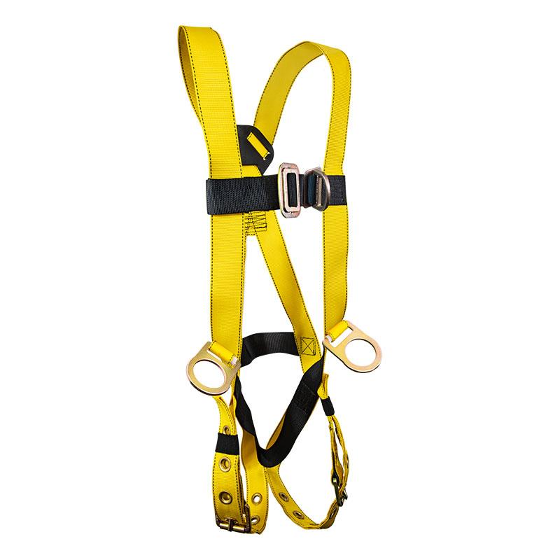 The French Creek Production 601 Series Harness with Chest and Hip D-Rings, in striking yellow with black accents, features adjustable straps and metal buckles, complemented by dual metal loops for secure fastening. Designed to enhance safety in industrial and construction settings, it ensures optimal protection on site.