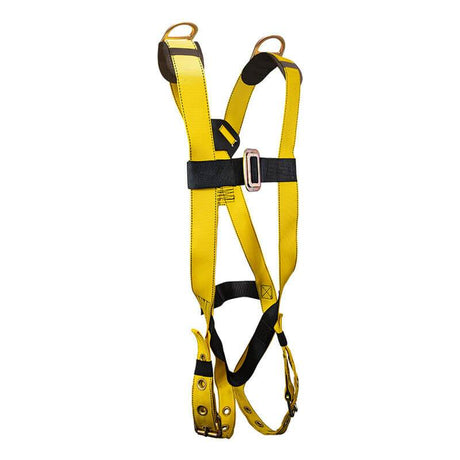 The French Creek 601 Series Harness with Shoulder D-Rings and Tongue 651D by French Creek Production is a yellow safety harness boasting black accents, adjustable straps, and a lightweight design. Engineered for fall protection, it includes two shoulder straps, a waist belt, and leg loops equipped with metal D-rings for secure attachments.