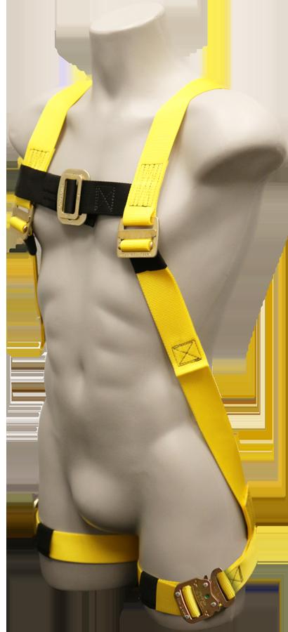 A mannequin presents the French Creek 600 Series Harness with Bayonet Buckles 670 by French Creek Production, displaying its yellow and black design with adjustable straps for a tailored fit across the chest and thighs, providing comprehensive fall protection.