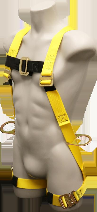 A mannequin showcases the French Creek Production 600 Series Harness with Hip D-Rings, Bayonet 670B, featuring a vibrant yellow body with black straps and metal buckles for essential fall protection.