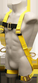 A mannequin showcases the French Creek Production 600 Series Harness with Hip D-Rings, Bayonet 670B, featuring a vibrant yellow body with black straps and metal buckles for essential fall protection.