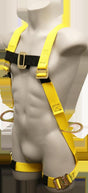 The mannequin showcases the French Creek 600 Series Harness with Hip D-Rings, Bayonet 670B by French Creek Production in a striking yellow and black design for fall protection. Crafted in the USA, it includes adjustable straps and metal buckles. This harness envelops the shoulders and legs, with hip D-rings for attaching vital safety equipment.