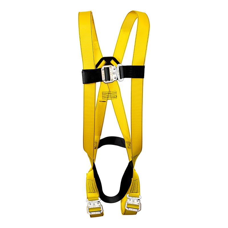 Introducing the French Creek 601 Series Harness with Bayonet Chest and Leg 671, by French Creek Production. This yellow full body harness is equipped with black padding and metal bayonet buckles, specifically designed for enhanced fall protection during high-risk activities. It includes adjustable straps for a customized fit and a central buckle to ensure secure fastening.