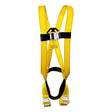 Introducing the French Creek Production 601 Series Harness w/Bayonet Chest and Leg 671, a yellow full-body safety harness featuring black accents and adjustable straps. It boasts sturdy metal buckles and bayonet connectors, specifically designed for fall protection in construction or industrial environments.