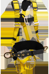 The French Creek 800 Series Harness w/Hip D-Rings, Shoulder, Tongue 850AB by French Creek Production is a yellow and black full body safety harness with adjustable straps and metal buckles. It meets OSHA requirements and includes padding around the waist and leg loops, designed for fall protection in the construction industry or climbing activities.