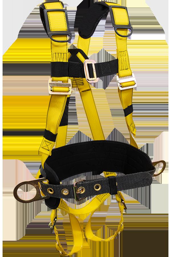 The French Creek Production 800 Series Harness w/Hip D-Rings, Shoulder, and Tongue 850AB is a yellow and black full-body harness with multiple adjustable straps and metal buckles, crafted to meet OSHA requirements for personal fall protection in construction or industrial work environments.