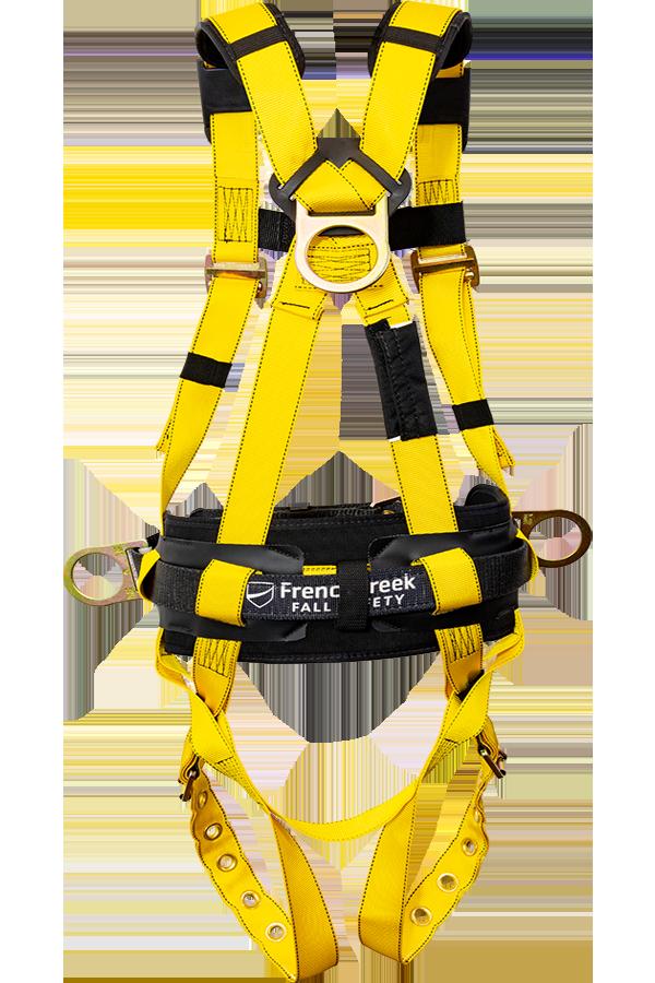 A yellow and black full body harness, designed to meet OSHA standards, is shown against a white background. This safety gear features adjustable straps and metal buckles, with "French Creek Production" inscribed on the waist pad. It is identified as the French Creek 800 Series Harness with Hip D-Rings, Shoulder, Tongue 850AB—perfect for use in the construction industry.