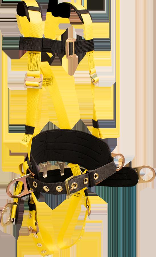 The French Creek Tower Climbing Harness w/Hip D-Rings 850ABT, in yellow and black, features multiple adjustable straps, metal buckles, and D-rings for enhanced fall protection. It is showcased against a white background by French Creek Production.