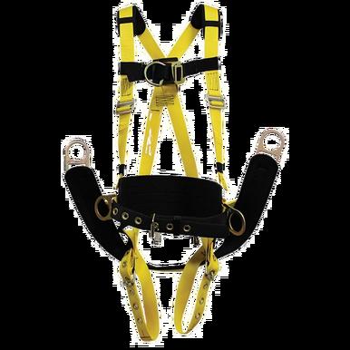 The French Creek 850 Full Body Tower Climbing Harness 850ABTH, by French Creek Production, is a yellow and black harness featuring adjustable straps, buckles, and loops designed to secure a person with fall protection. This OSHA-compliant equipment provides maximum safety in high-risk environments.