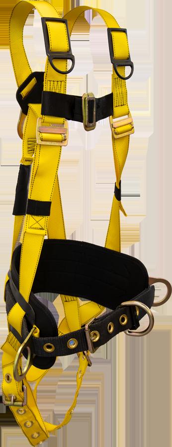 The French Creek Production 800 Series Tower Climbing Harness 850-TS is a yellow and black full body harness featuring metal buckles and adjustable straps. Designed for personal protection in construction or climbing activities, it includes safety D-rings and padding for enhanced comfort and security, making it an ideal choice as a tower climbing harness.