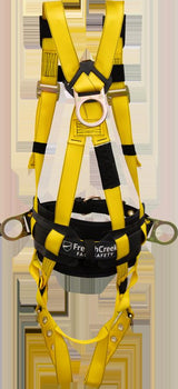 A yellow safety harness, featuring black padding and multiple metal loops with essential Safety D-rings, is displayed against a plain background. The text "French Creek Production" is visible on the waistband of this French Creek 800 Series Tower Climbing Harness 850-TS.