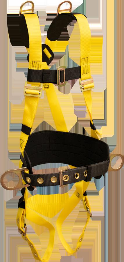 The French Creek Production 800 Series Harness w/Hip & Shoulder Rings 853BD is a yellow and black full body harness that includes adjustable straps, metal D-rings, and a reinforced waist belt designed for workplace safety and fall protection.