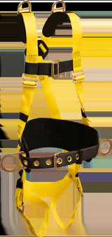 The French Creek Production 800 Series Harness with Hip & Shoulder Rings 853BD features metal buckles and adjustable straps in a yellow and black design, offering optimal fall protection.