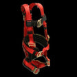 The French Creek Full Body Harness for Women 872 in red and black is designed with adjustable straps to securely support women during climbing or construction activities. It features the SuperNit padding system by French Creek Production, providing multiple adjustment points for a secure and comfortable fit.