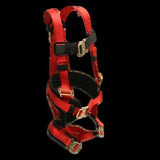 The French Creek Full Body Harness for Women 872 in red and black is designed with adjustable straps to securely support women during climbing or construction activities. It features the SuperNit padding system by French Creek Production, providing multiple adjustment points for a secure and comfortable fit.