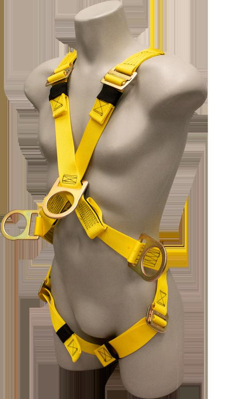 A gray mannequin displays the French Creek Crossover Harness w/Hip D-Rings, Pass-Thru 930B by French Creek Production in a yellow color with black accents. This full body harness includes adjustable straps, metal buckles, and D-rings for attachment, making it ideal for construction or industrial safety use.