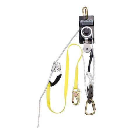 The French Creek Production System 99B Self-Raising/Lowering System is a versatile pulley system that includes a black control unit, yellow straps, and sturdy metal hooks. It features a coiled white and black rope along with carabiner clips, all expertly designed for safety, rescue, and recovery operations.