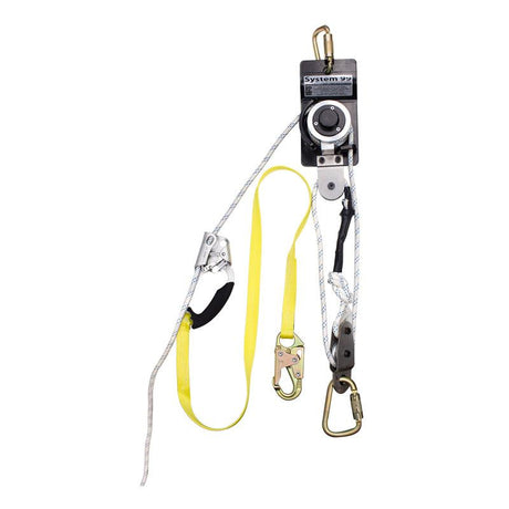 The French Creek Production System 99 Self-Raising/Lowering System 99B is an advanced safety climbing rope system, equipped with an adjustable pulley, carabiners, and a vibrant yellow lanyard. Ideal for secure ascents or descents, this lifting and lowering system is perfect for professional climbing or rescue operations.