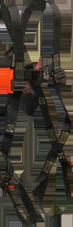 The French Creek Arc Flash Full Body Harness AF630-DE by French Creek Production is designed for securing individuals in safety-critical environments. It features a black Kevlar webbing with bright red connectors and yellow stitching, adjustable straps, and multiple buckles to ensure a secure fit, making it ideal for fall protection scenarios.